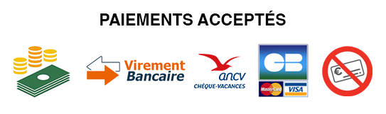 Paiements acceptés - espèce / carte de crédit / chèque vacances / virement bancaire / pas de chèque